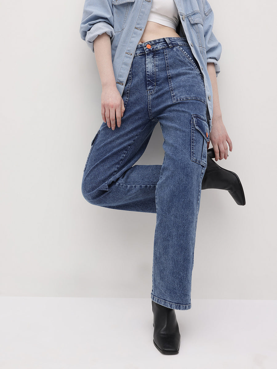 Trailblazer Cargo Denim Jeans – Blue Cargo Jeans Model View – Glossia Fashion