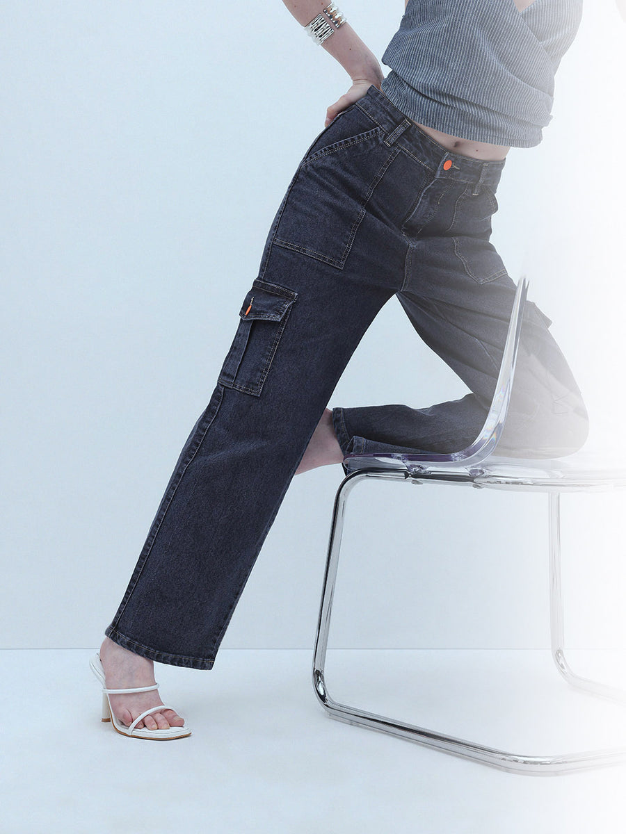 Trailblazer Cargo Denim Jeans – Navy Blue Cargo Jeans Full Length – Glossia Fashion