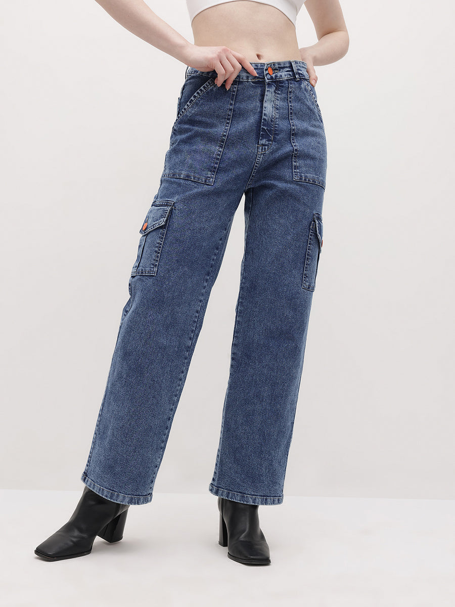 Trailblazer Cargo Denim Jeans – Blue Cargo Jeans Full Length – Glossia Fashion