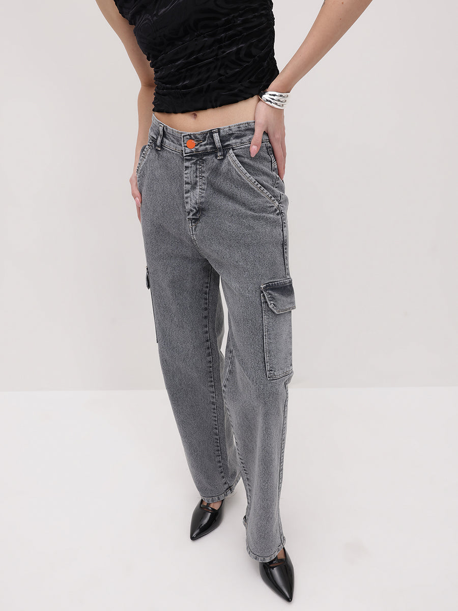 Cityscape Cargo Denim Jeans – Grey Cargo Jeans Side View – Glossia Fashion
