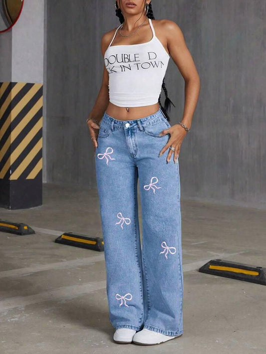 Bow Print Straight Fit Jeans