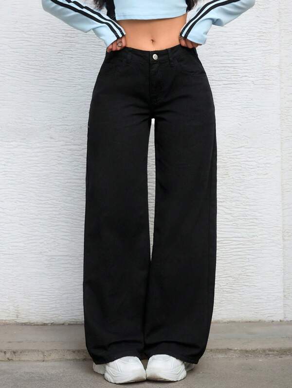 Signature Straight Denim – Black Straight Fit Jeans Front View – Glossia Fashion