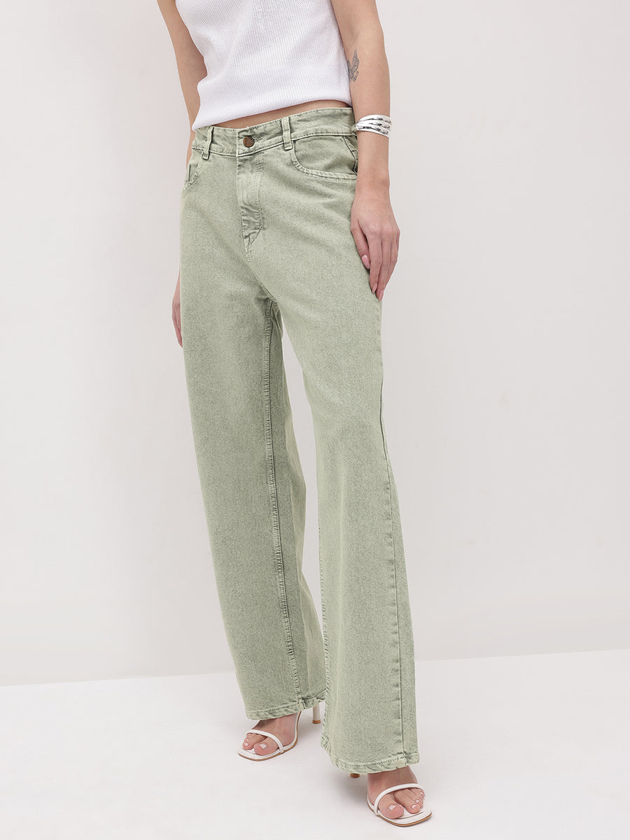 Urban Pop Colored Straight Denim – Light Green Straight Fit Jeans Side View – Glossia Fashion