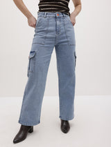 Trailblazer Cargo Denim Jeans – Light Blue Cargo Jeans Model View – Glossia Fashion