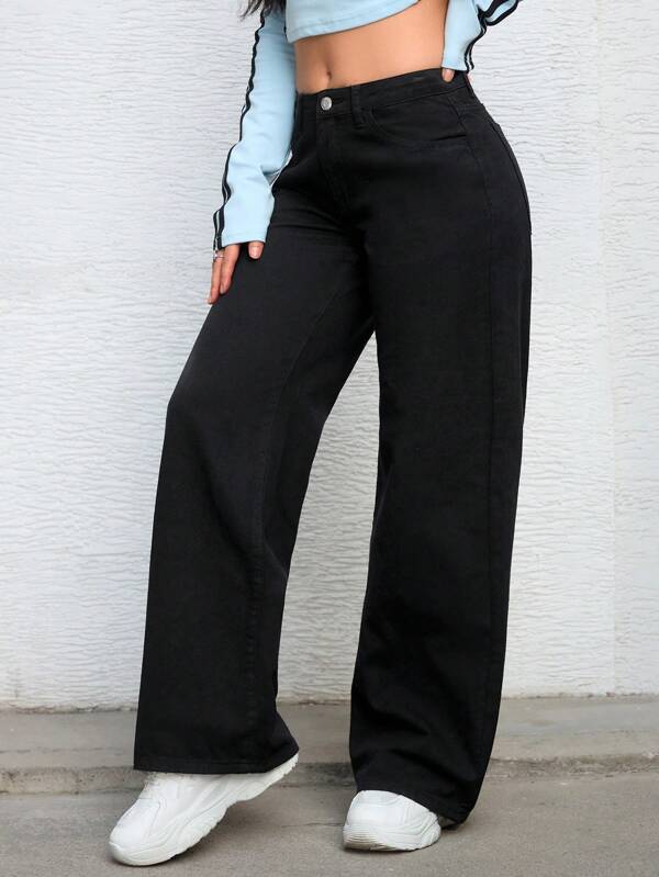 Signature Straight Denim – Black Straight Fit Jeans Back View – Glossia Fashion