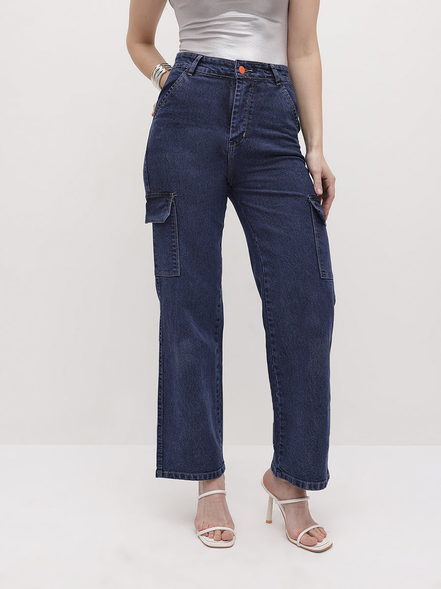 Cityscape Cargo Denim Jeans – Blue Cargo Jeans Side View – Glossia Fashion
