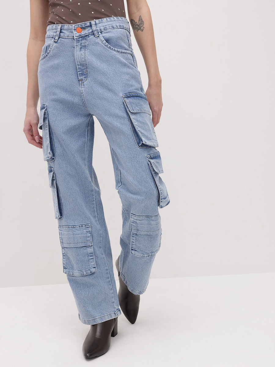 Urban Safari Scout Cargo Denim – High Rise Cargo Jeans Side View – Glossia Fashion