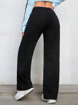 Signature Straight Denim – Black Straight Fit Jeans Side View – Glossia Fashion