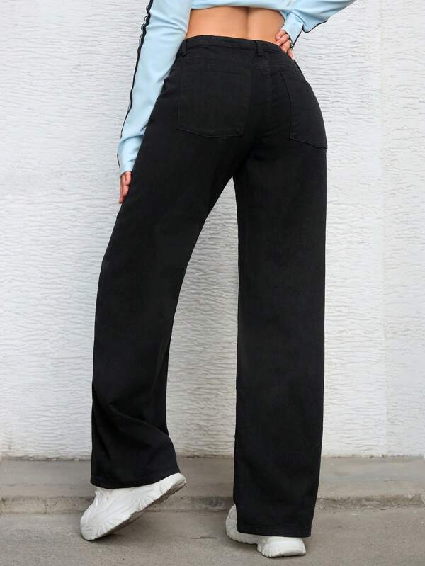 Signature Straight Denim – Black Straight Fit Jeans Side View – Glossia Fashion