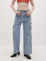 Gravity Fit Vintage Wash Cargo Jeans – Light Blue Cargo Jeans Model View – Glossia Fashion