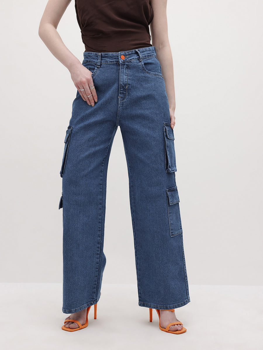 Street Style Scout Cargo Jeans – Blue Cargo Jeans Full Length – Glossia Fashion
