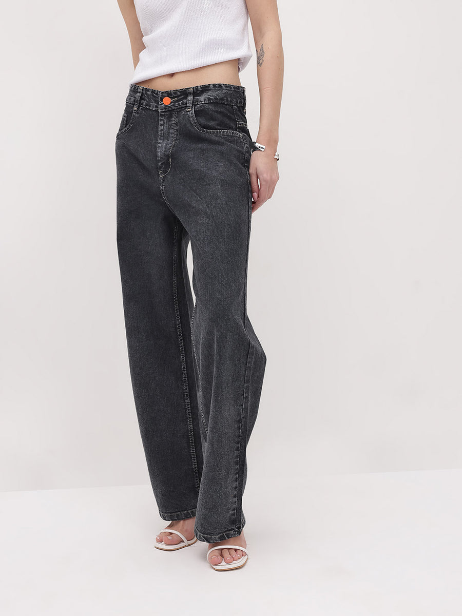 Evening Haze Straight fit Jeans – High Rise Straight Fit Jeans Side View – Glossia Fashion