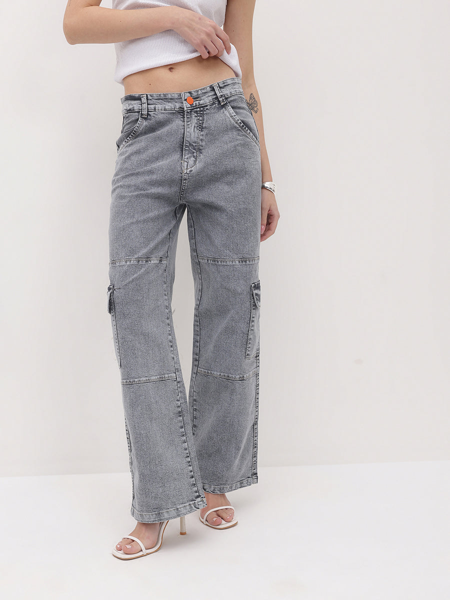Urban Edge High-Rise Utility Denim – Grey Denim Jeans Full Length – Glossia Fashion