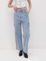 Metro Maven Cargo Jeans – High Rise Cargo Jeans Side View – Glossia Fashion