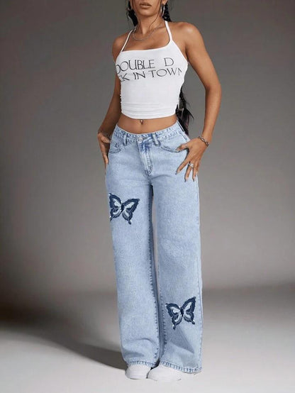 Butterfly Print Straight Fit Denim