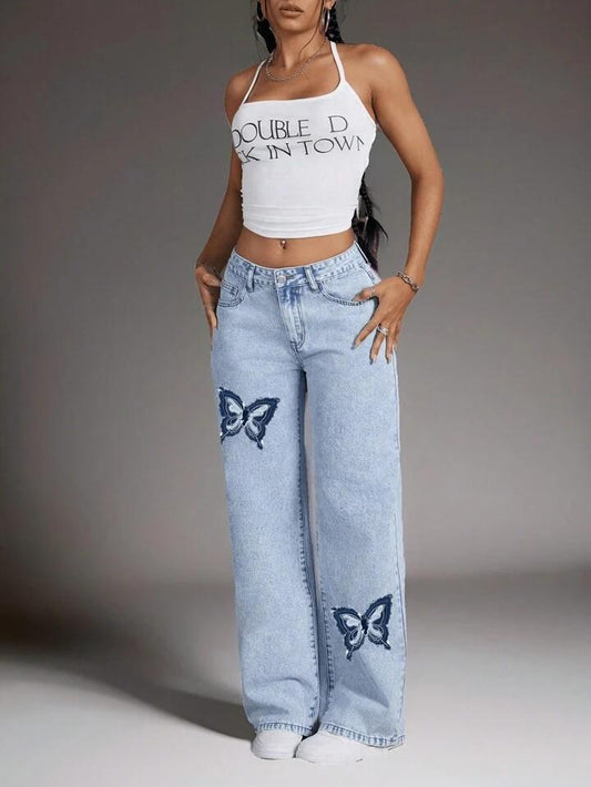 Butterfly Print Straight Fit Denim