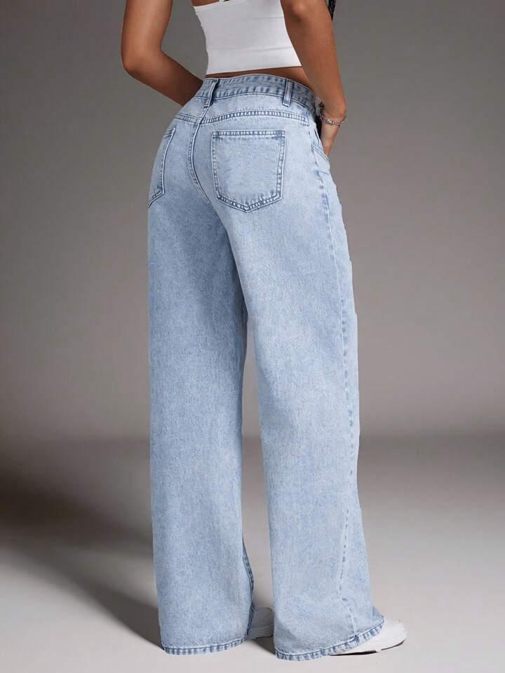 Butterfly Stitch Straight Fit Denim – High Rise Straight Fit Jeans Side View – Glossia Fashion
