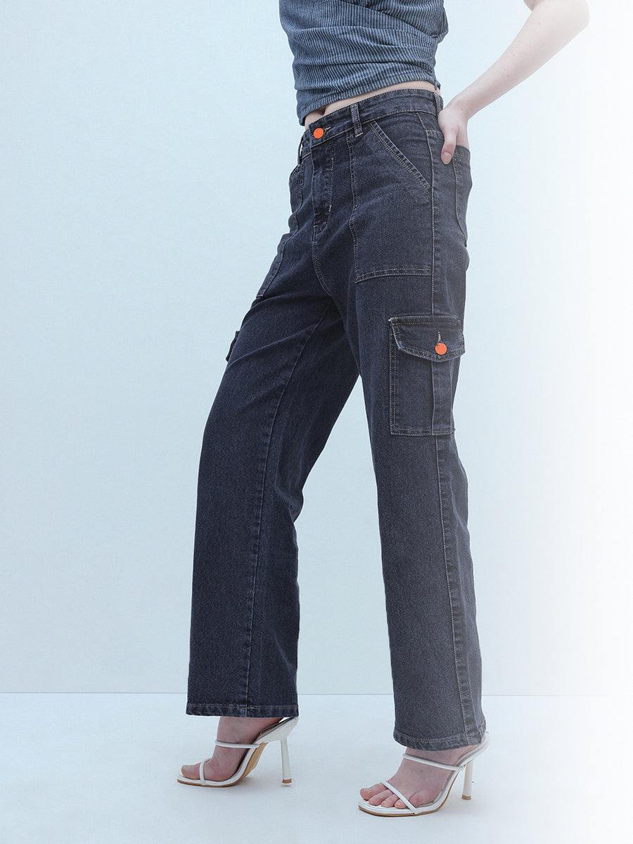 Streetwise Cargo Denim – High Rise Cargo Jeans Back View – Glossia Fashion