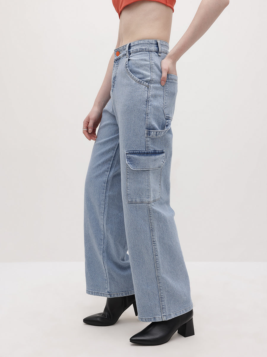 Gravity Fit Vintage Wash Cargo Jeans – Light Blue Cargo Jeans Full Length – Glossia Fashion