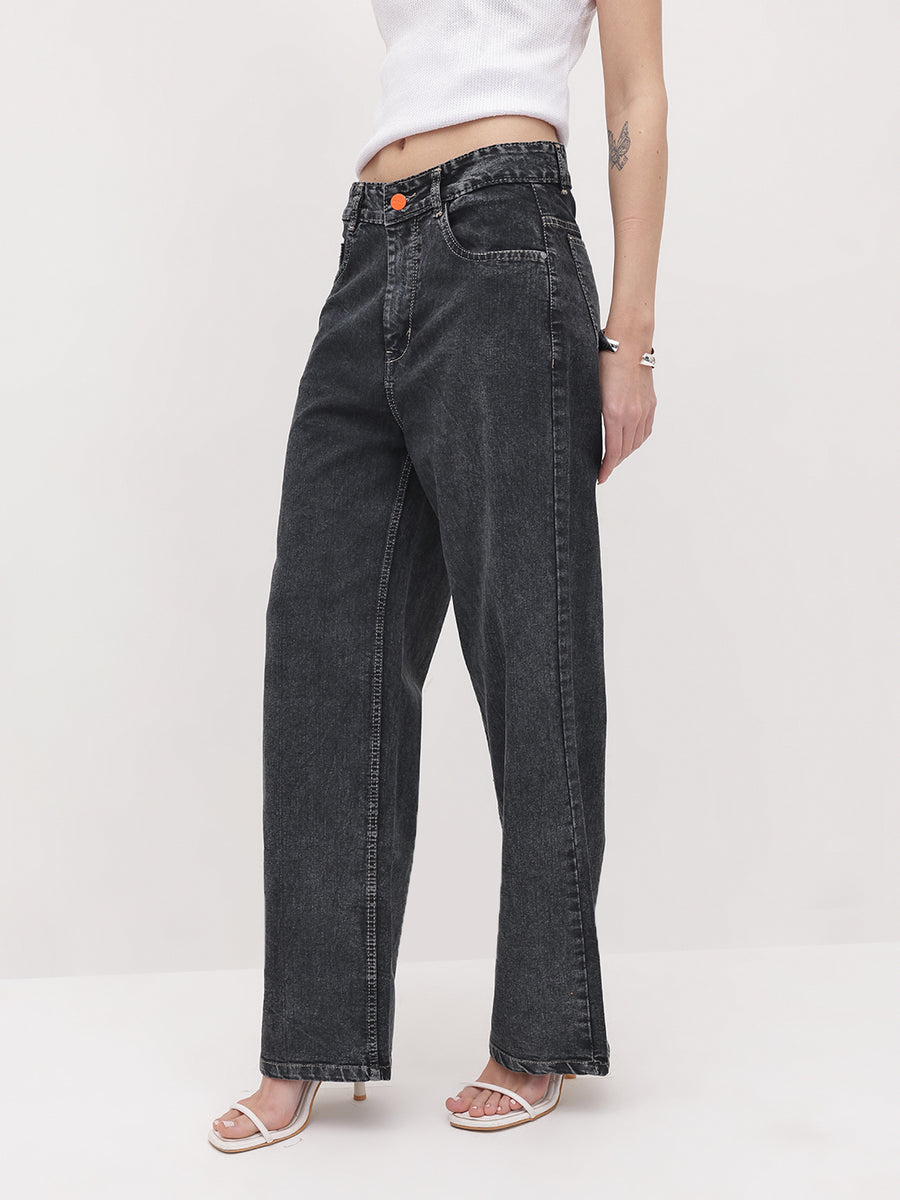 Evening Haze Straight fit Jeans – High Rise Straight Fit Jeans Back View – Glossia Fashion
