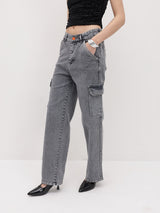 Cityscape Cargo Denim Jeans – Grey Cargo Jeans Back View – Glossia Fashion