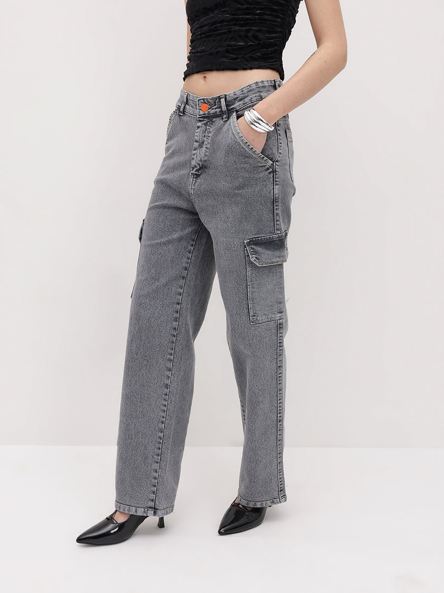Cityscape Cargo Denim Jeans – Grey Cargo Jeans Back View – Glossia Fashion
