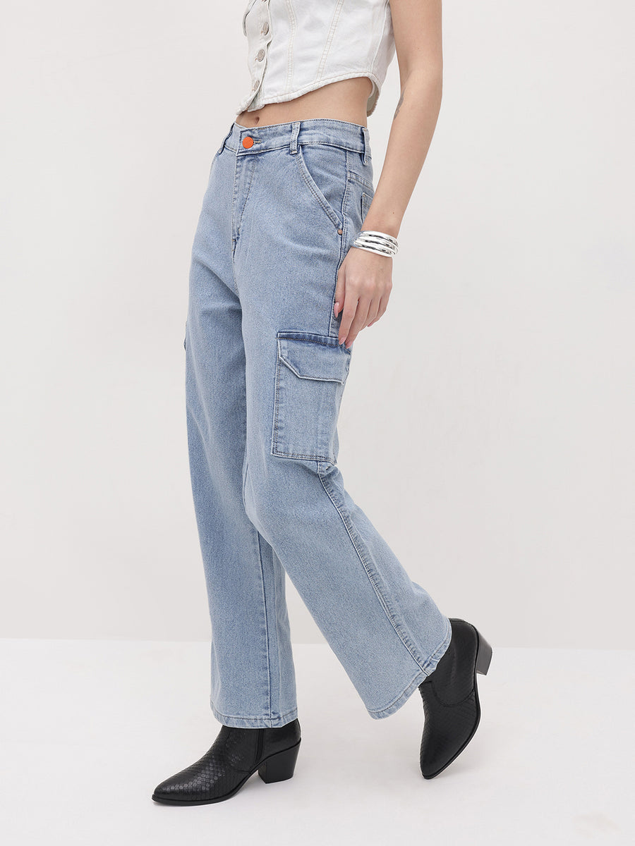 Metro Maven Cargo Jeans – High Rise Cargo Jeans Back View – Glossia Fashion