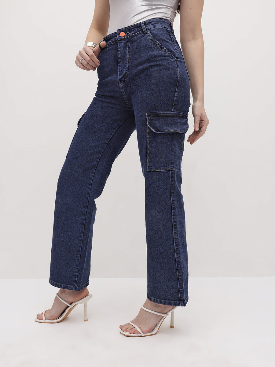 Cityscape Cargo Denim Jeans – Blue Cargo Jeans Back View – Glossia Fashion