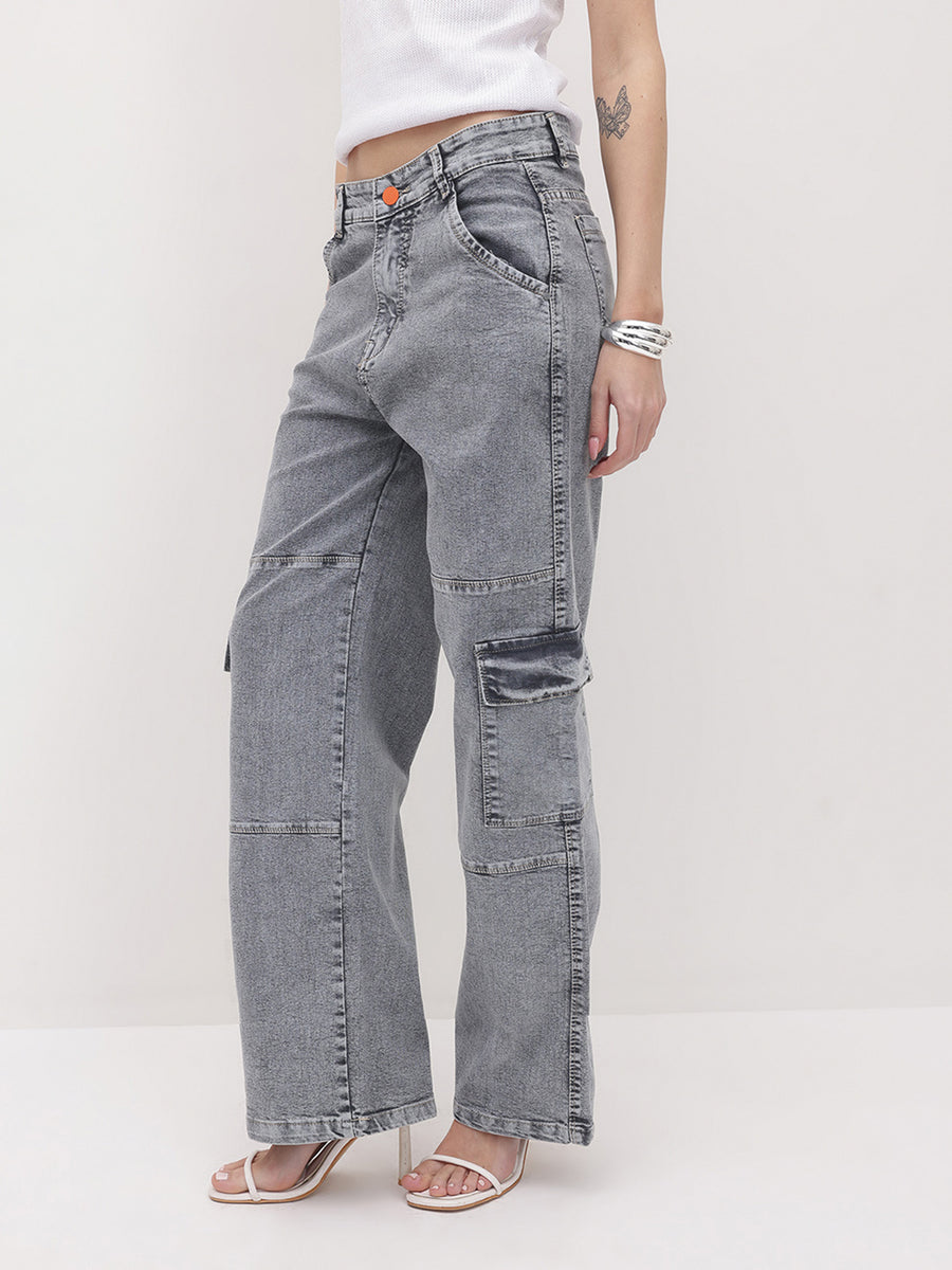 Urban Edge High-Rise Utility Denim – Grey Denim Jeans Close-up – Glossia Fashion