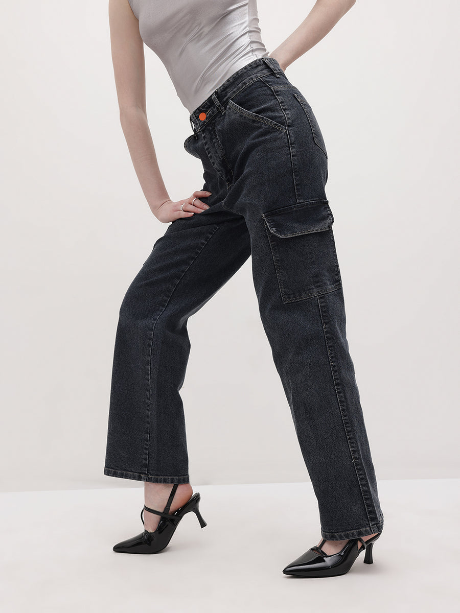 Cityscape Cargo Denim Jeans – Black Cargo Jeans Side View – Glossia Fashion