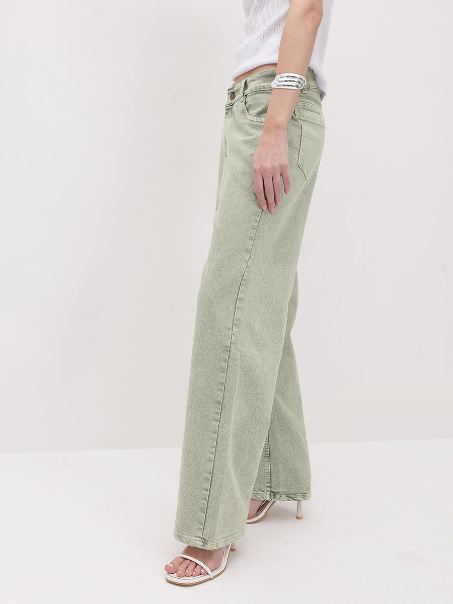 Urban Pop Colored Straight Denim – Light Green Straight Fit Jeans Back View – Glossia Fashion