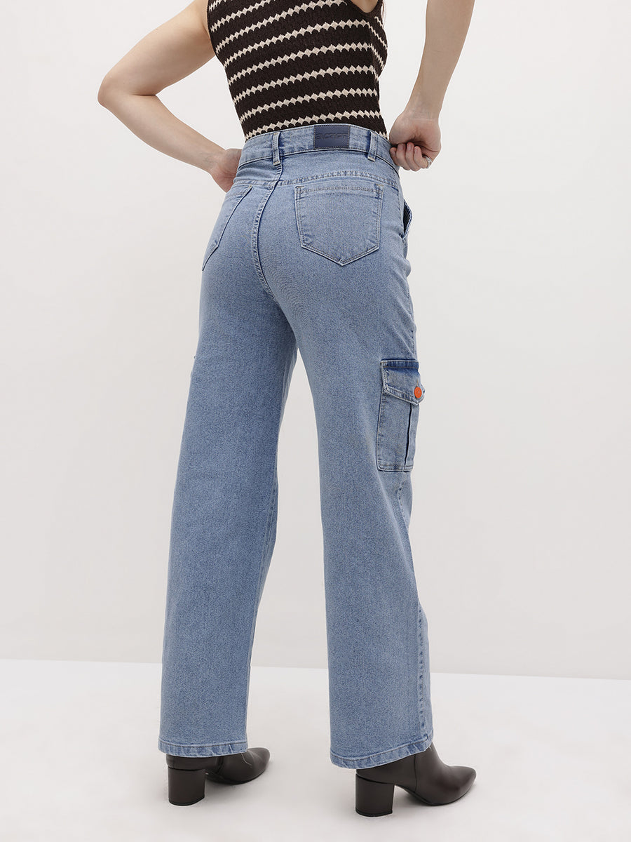 Streetwise Cargo Denim – High Rise Cargo Jeans Detail View – Glossia Fashion