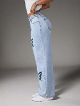 Butterfly Stitch Straight Fit Denim – High Rise Straight Fit Jeans Back View – Glossia Fashion