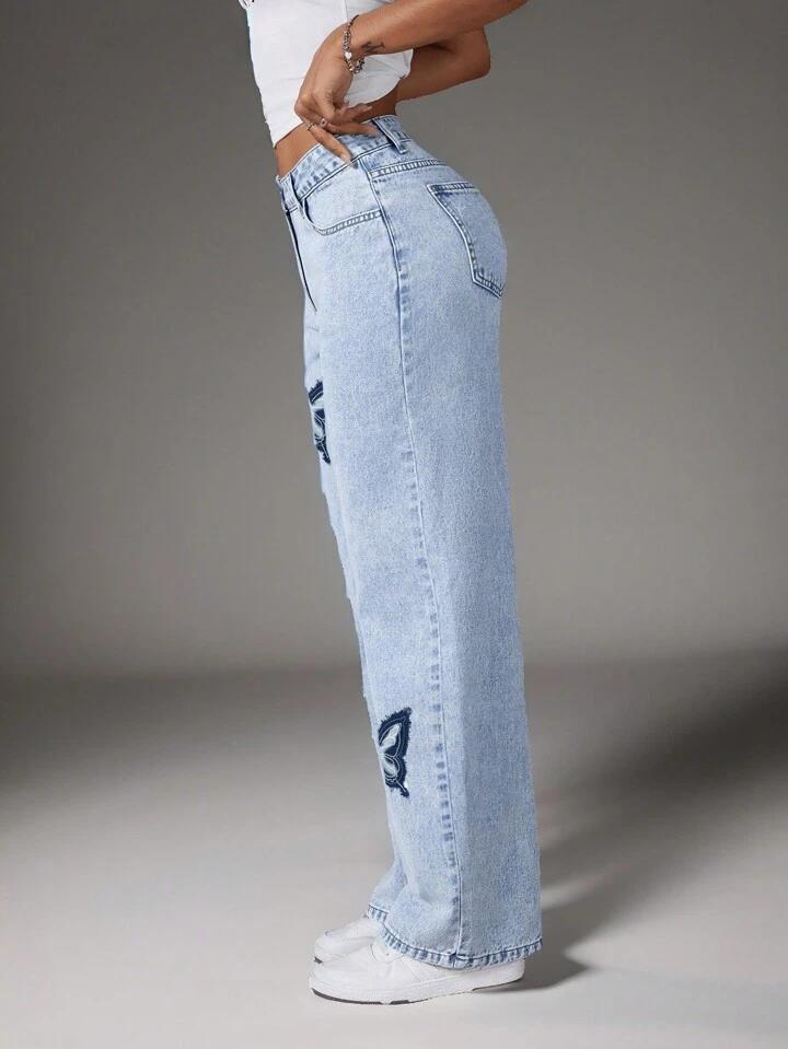 Butterfly Stitch Straight Fit Denim – High Rise Straight Fit Jeans Back View – Glossia Fashion