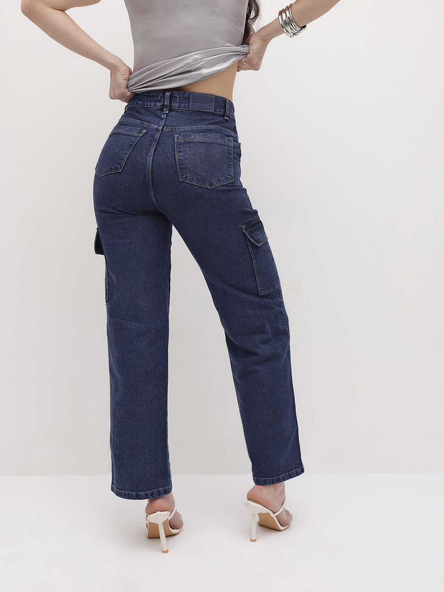 Cityscape Cargo Denim Jeans – Blue Cargo Jeans Detail View – Glossia Fashion