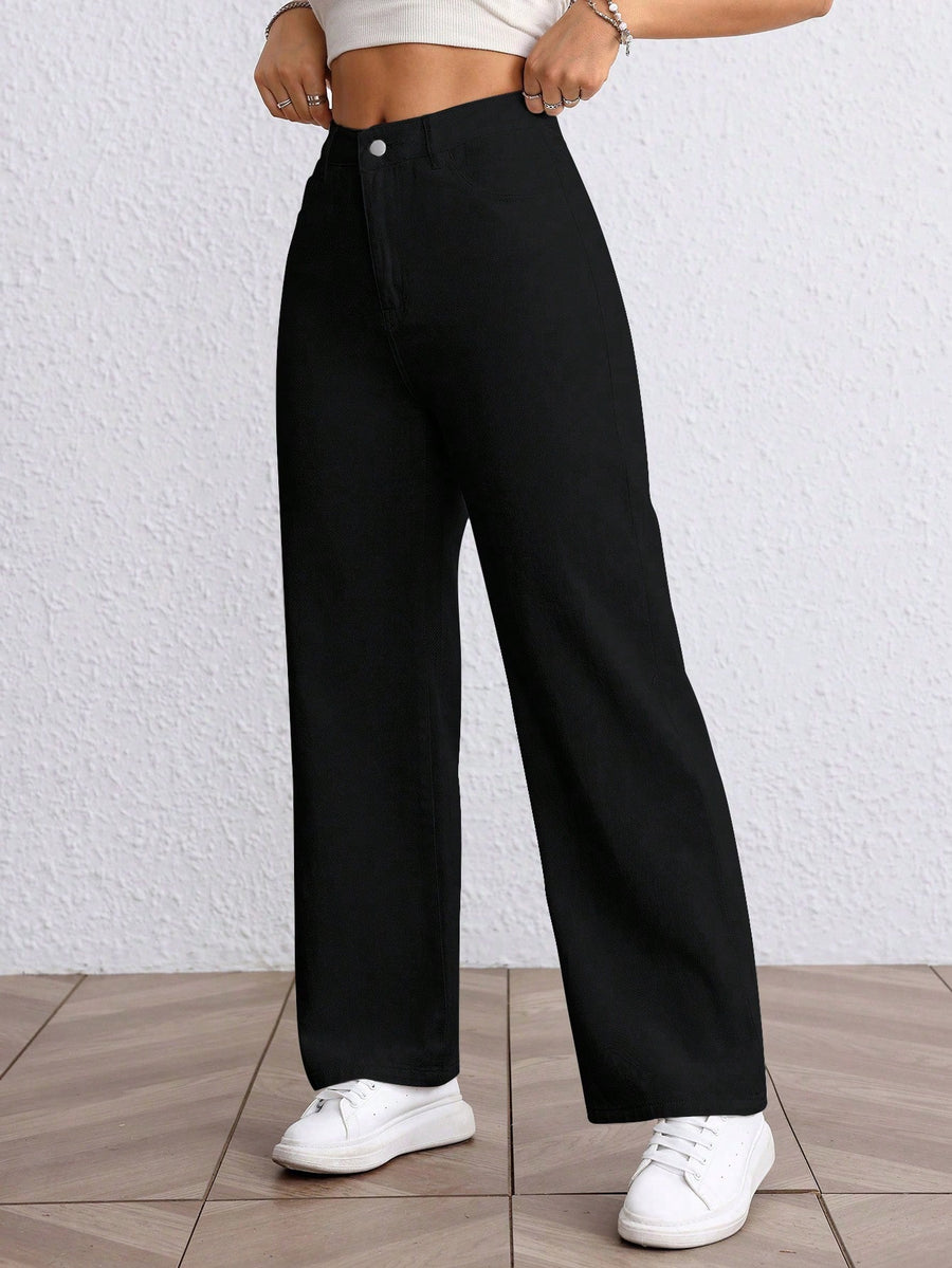Refined Straight Denim – Black Straight Fit Jeans Detail View – Glossia Fashion