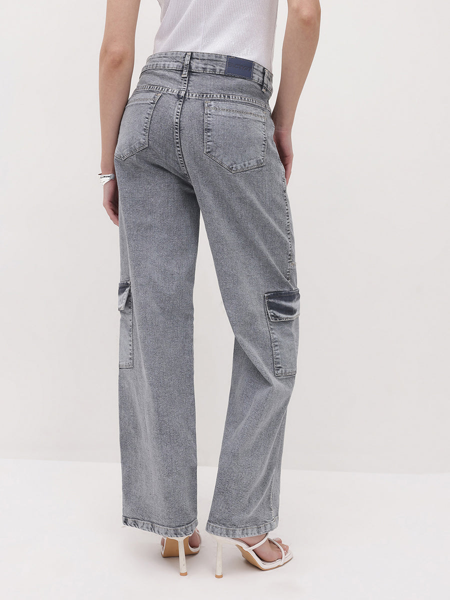 Urban Edge High-Rise Utility Denim – Grey Denim Jeans View 10 – Glossia Fashion