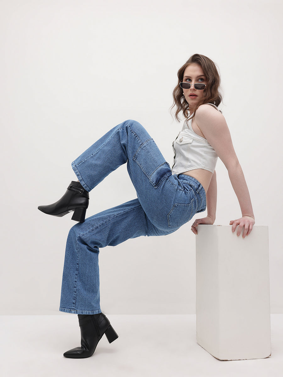 Metro Maven Cargo Jeans – Blue Cargo Jeans Full Length – Glossia Fashion