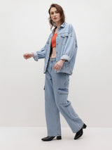 Gravity Fit Vintage Wash Cargo Jeans – Light Blue Cargo Jeans Front View – Glossia Fashion