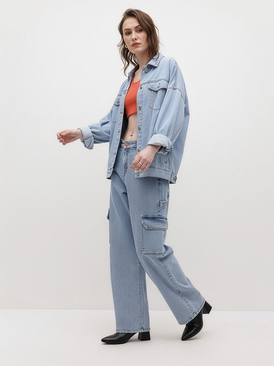 Gravity Fit Vintage Wash Cargo Jeans – Light Blue Cargo Jeans Front View – Glossia Fashion