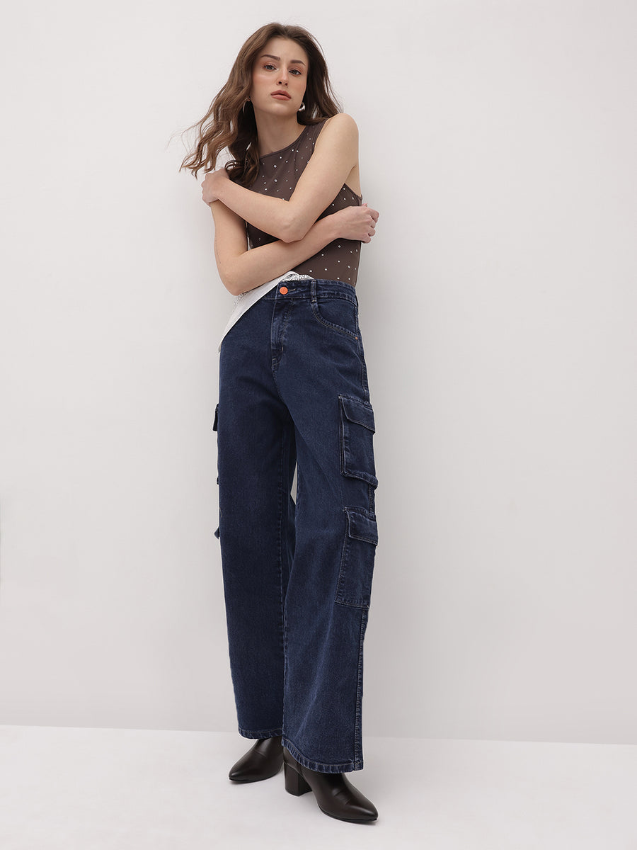 Voyager Vixen Cargo Pants – Navy Blue Cargo Jeans Style View – Glossia Fashion