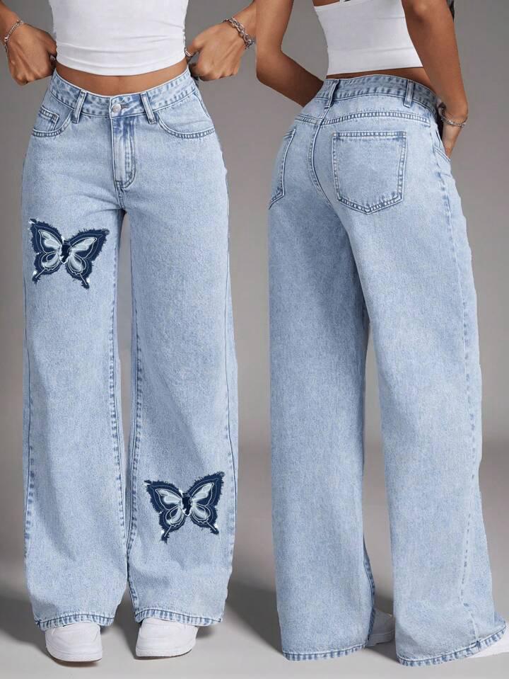 Butterfly Stitch Straight Fit Denim – High Rise Straight Fit Jeans Detail View – Glossia Fashion