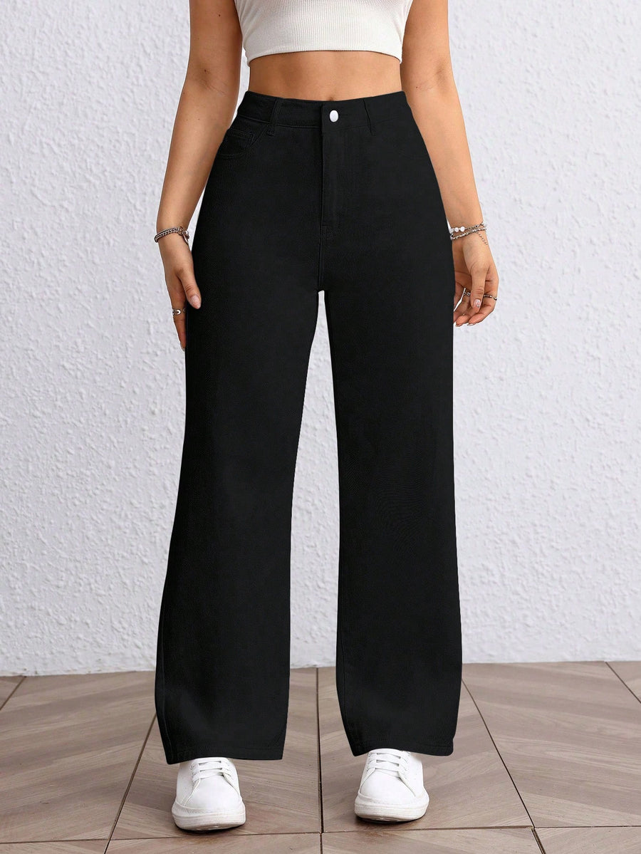 Refined Straight Denim – Black Straight Fit Jeans Front View – Glossia Fashion