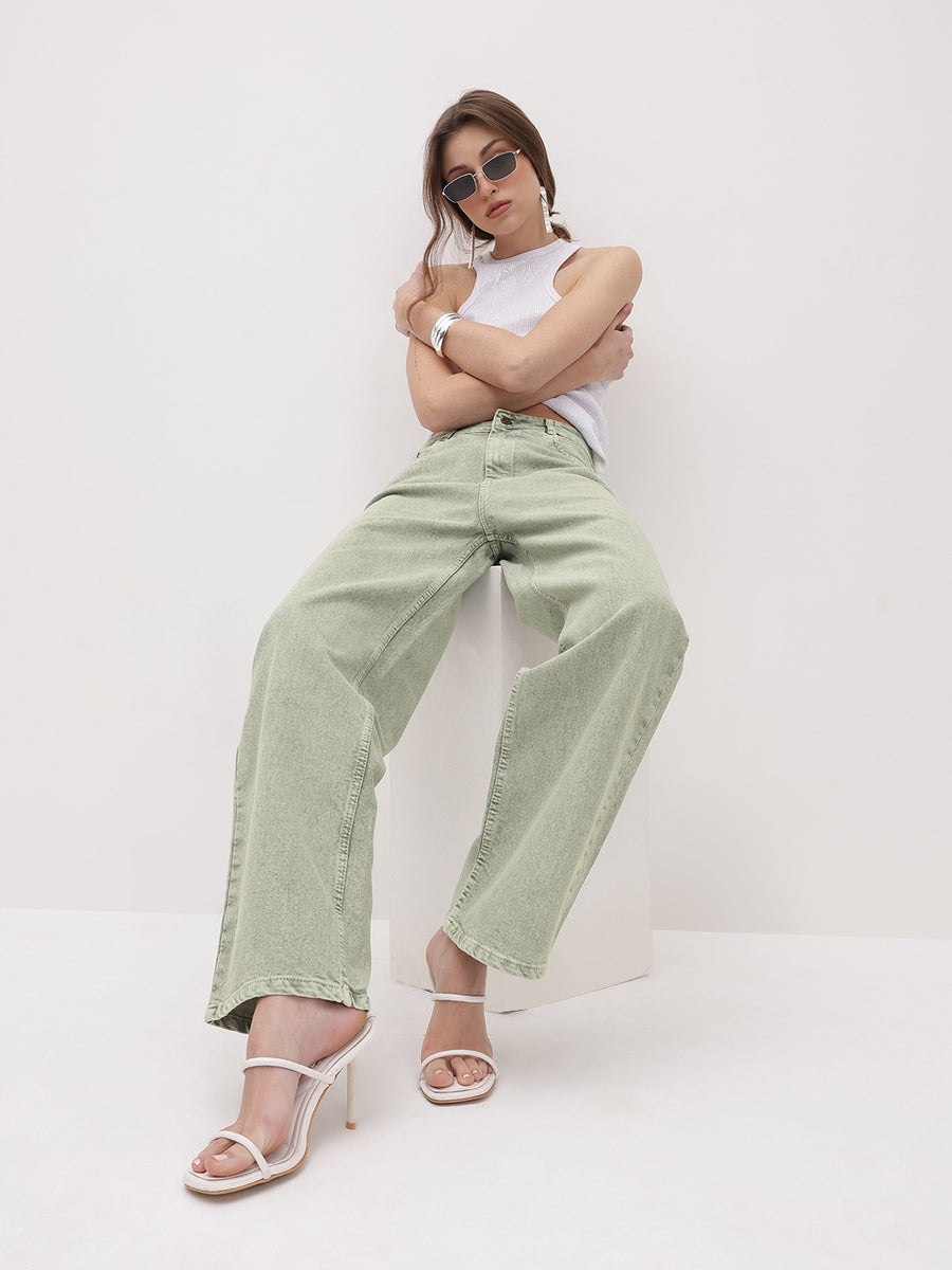 Urban Pop Colored Straight Denim – Light Green Straight Fit Jeans – Glossia Fashion