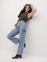 Trailblazer Cargo Denim Jeans – Light Blue Cargo Jeans Style View – Glossia Fashion