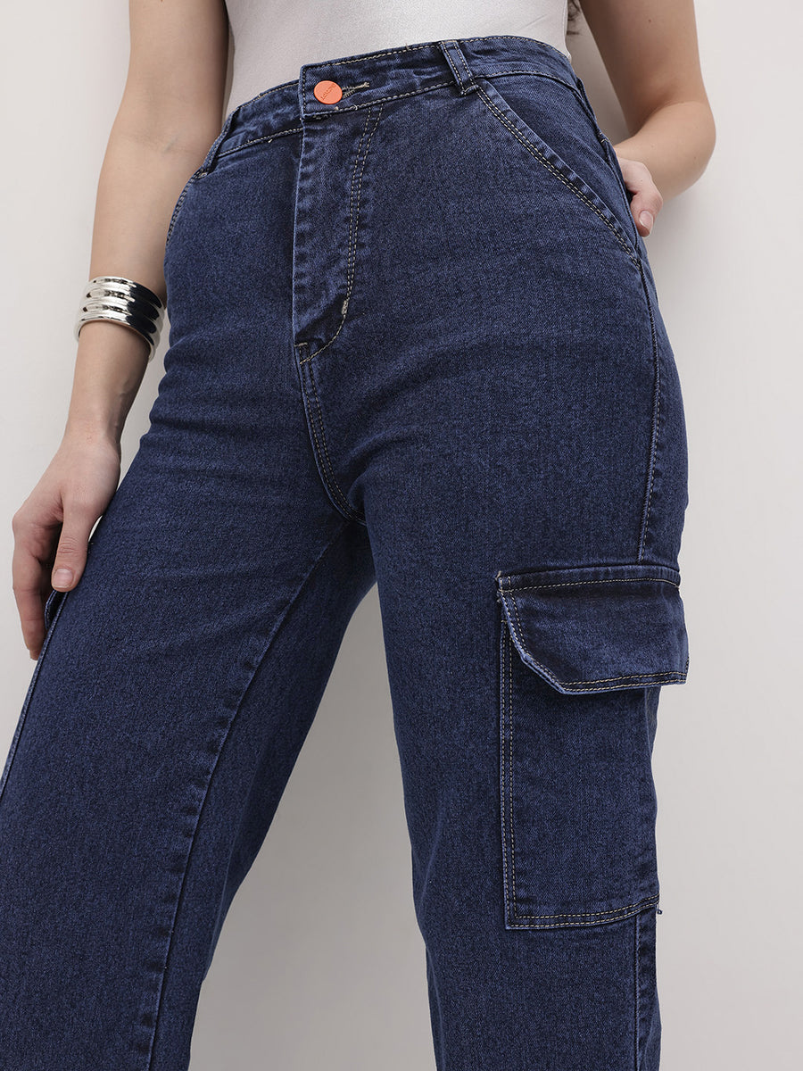 Cityscape Cargo Denim Jeans – Blue Cargo Jeans Style View – Glossia Fashion