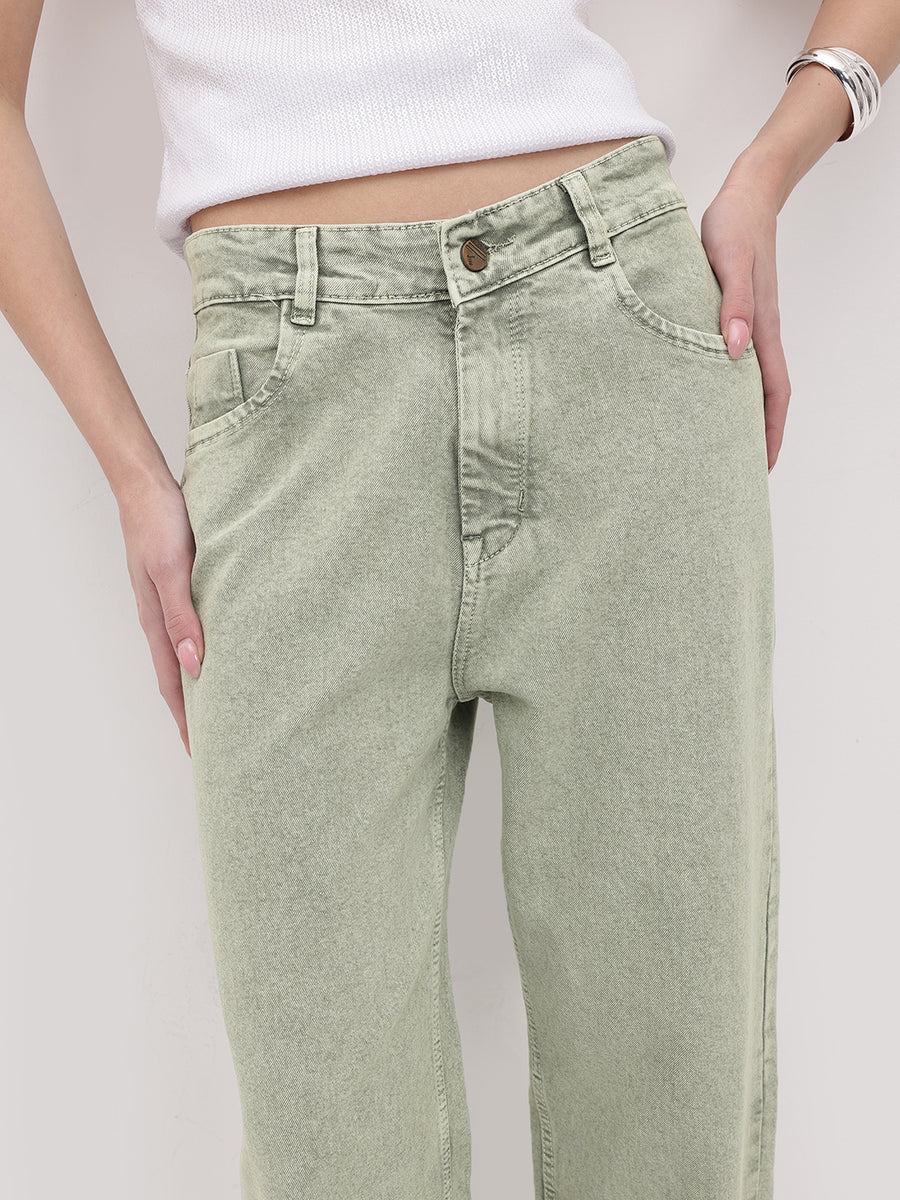 Urban Pop Colored Straight Denim – Light Green Straight Fit Jeans Style View – Glossia Fashion