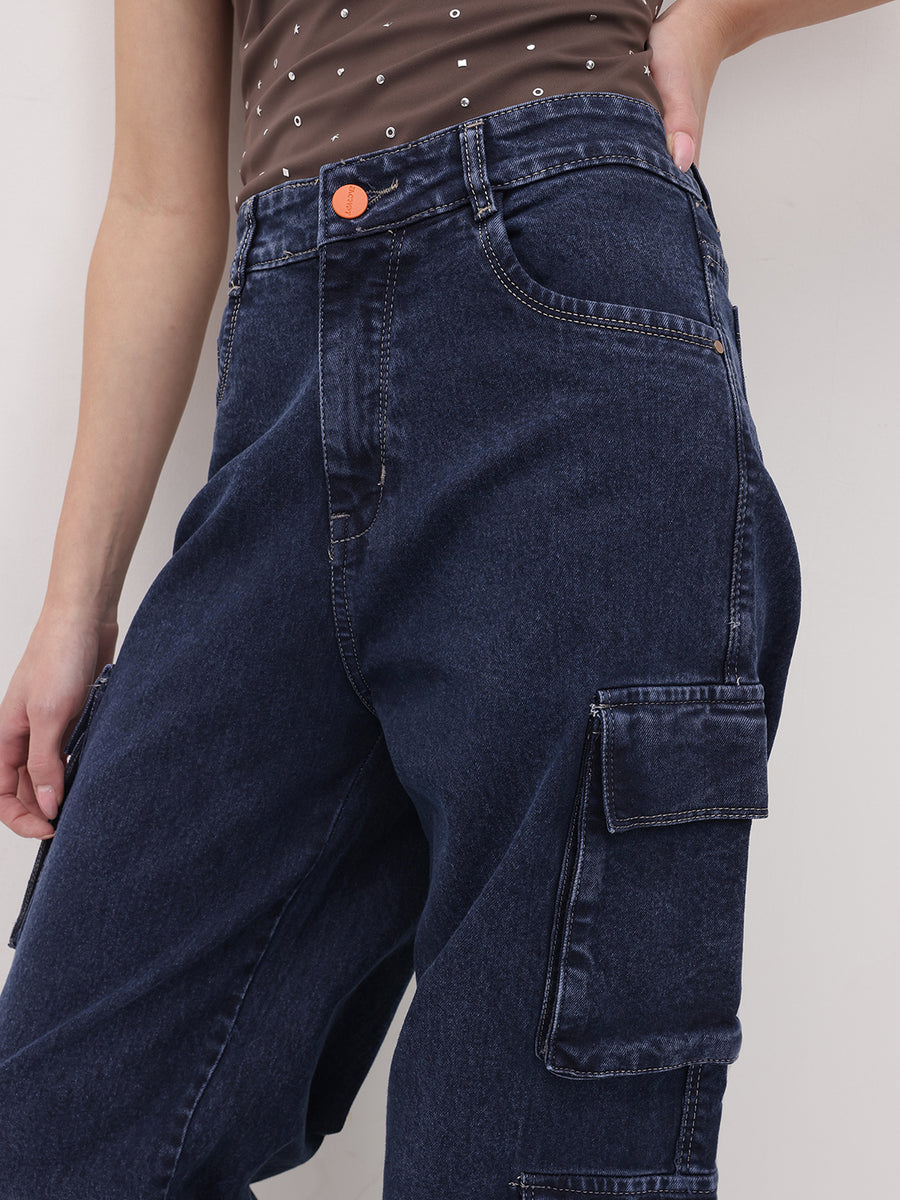 Voyager Vixen Cargo Pants – Navy Blue Cargo Jeans Close-up – Glossia Fashion