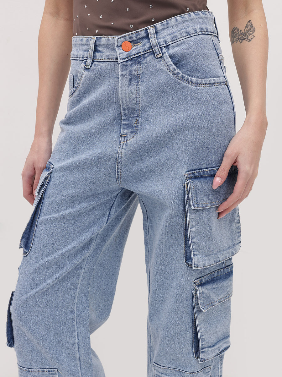 Urban Safari Scout Cargo Denim – High Rise Cargo Jeans Style View – Glossia Fashion