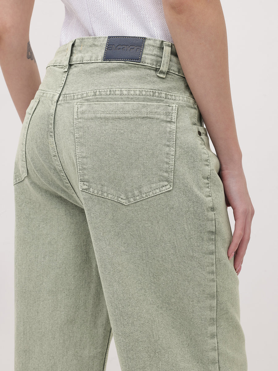 Urban Pop Colored Straight Denim – Light Green Straight Fit Jeans Model View – Glossia Fashion